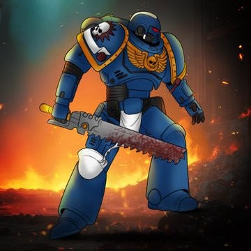 Blue armored character with a chainsword, PFP and banner example